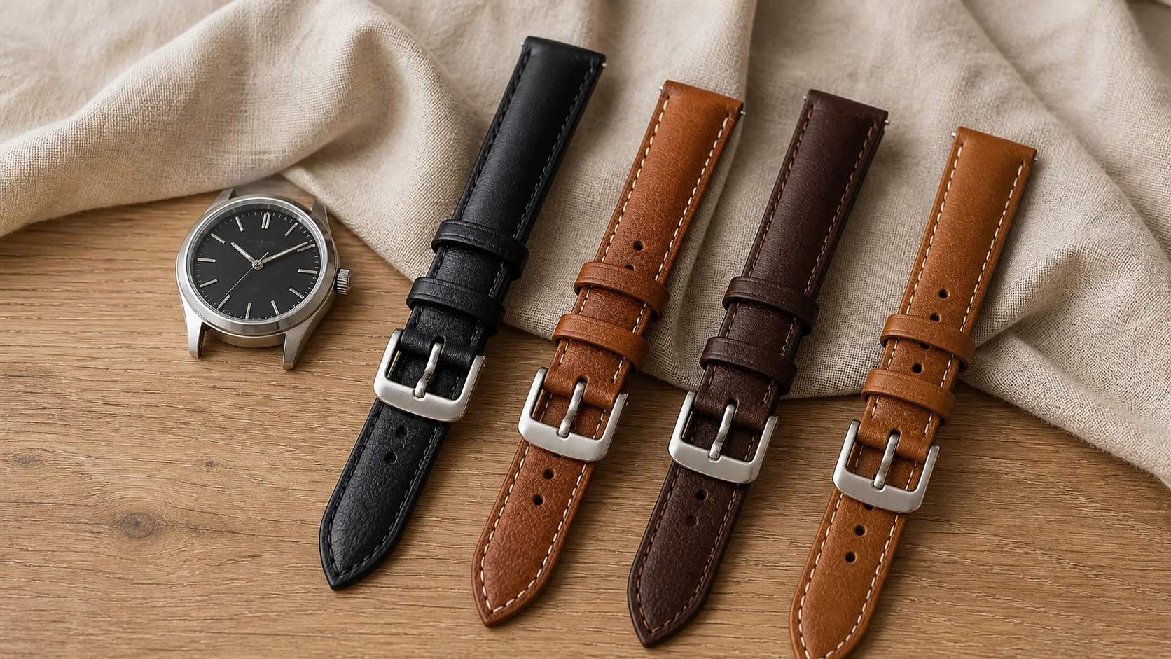 Svarta och bruna läderarmband bredvid en analog klocka.